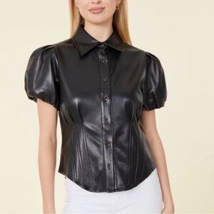 Bagatelle Collection Faux Black Leather Minimalist Feminine Model off Duty Top